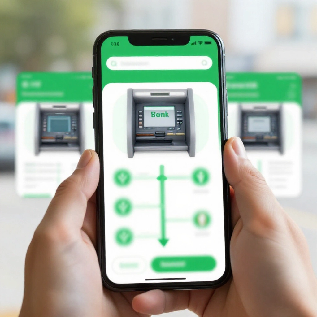 手機App轉帳介面顯示行動銀行、網銀、ATM三路徑，綠色成功標示的步驟流程，明亮日光氛圍