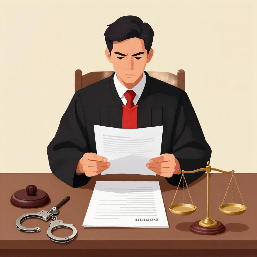 A courtroom illustration of a defendant facing a stern judge reviewing money laundering documents with handcuffs and legal scales symbolizing severe penalties for account providers