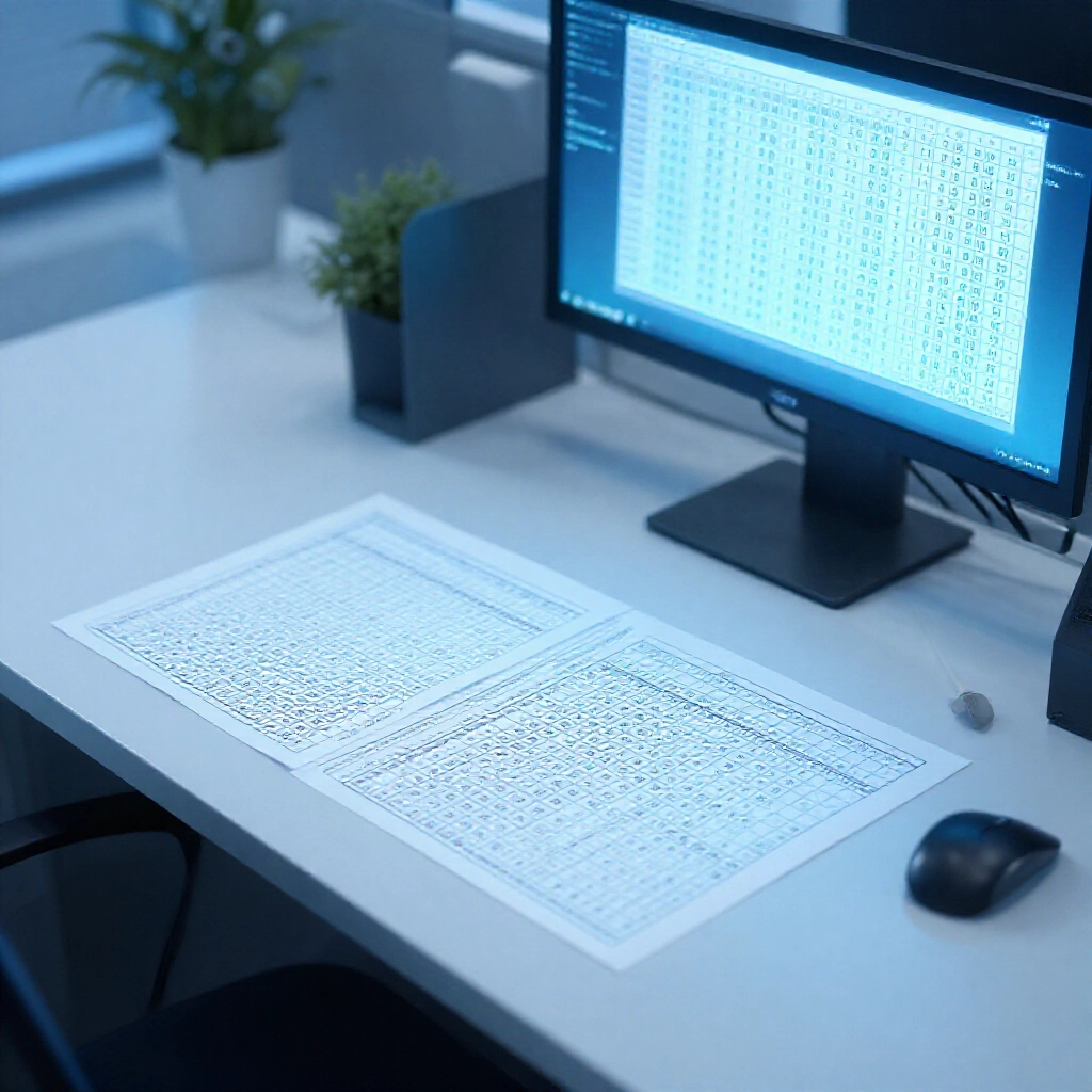 modern office desk with printed charts and tables showing lotto system bet combinations from seven to twelve numbers glowing on a computer screen bathed in cool blue daylight tones