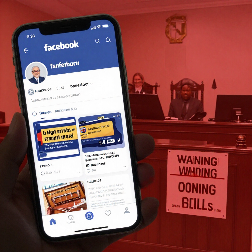 Social media screen showing tempting highpay bankbook rental ads in Facebook groups contrasted with courtroom scenes and warning signs in red tones highlighting hidden legal dangers