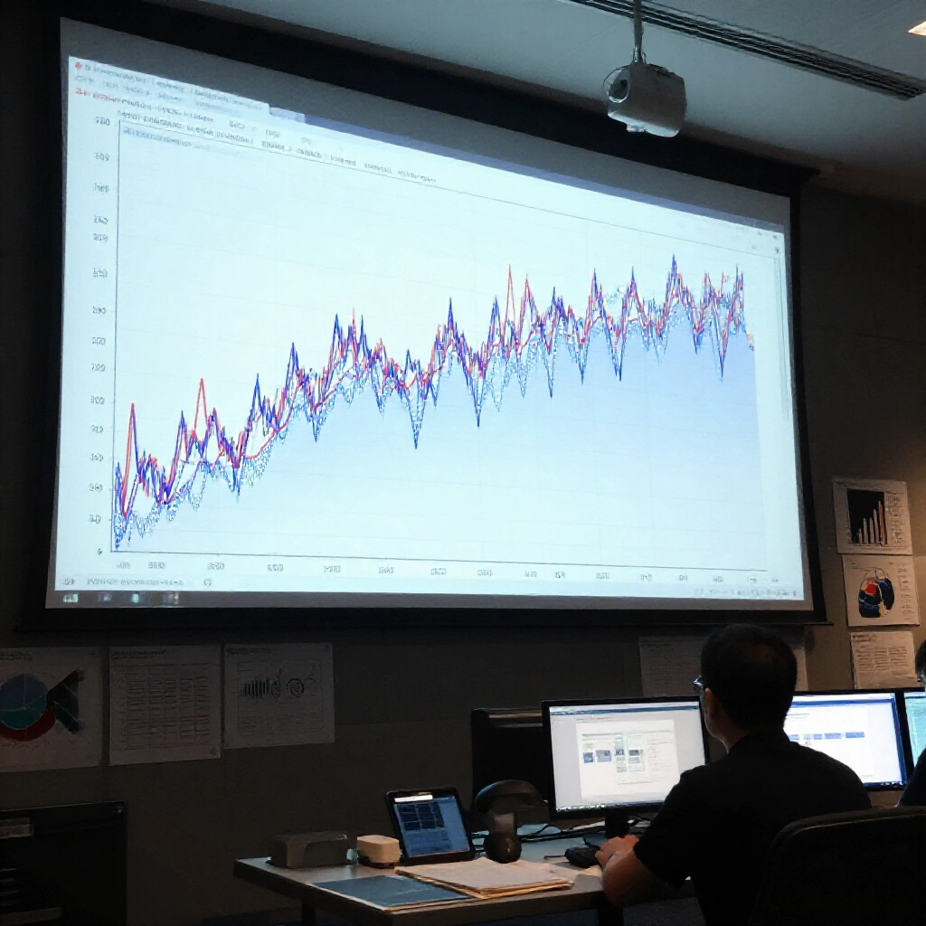 Detailed trend chart on a large screen showing number patterns and cycles in blue and red lines across thirty periods in a dimly lit analysis room with charts and graphs surrounding a focused analyst