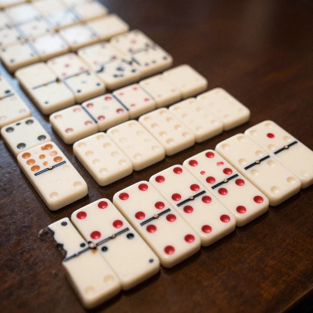 Traditional rectangular domino tiles with red and white dots laid out on dark wooden table under soft ambient light showing wenzi and wuzi categories clearly