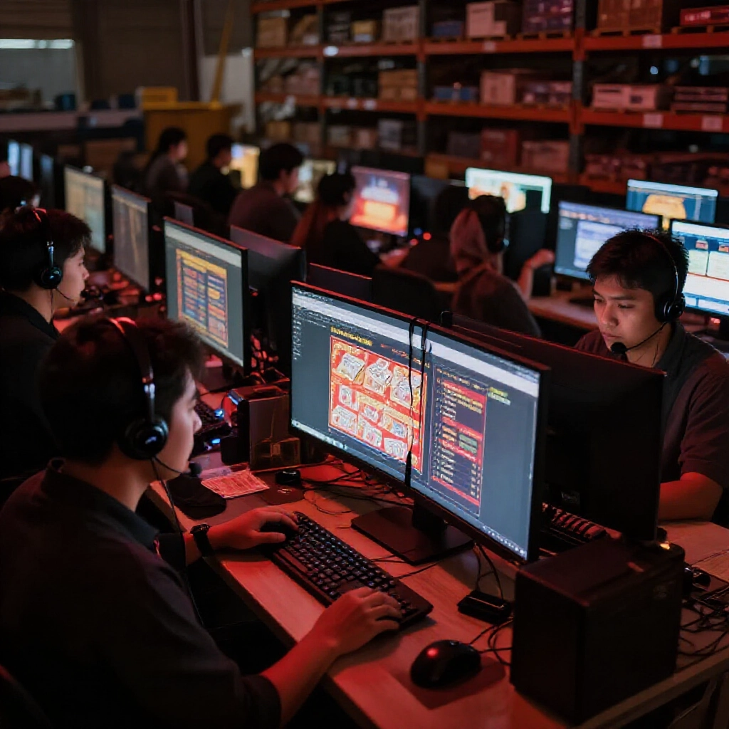 東南亞詐騙倉庫內運作假博弈網站與金流畫面