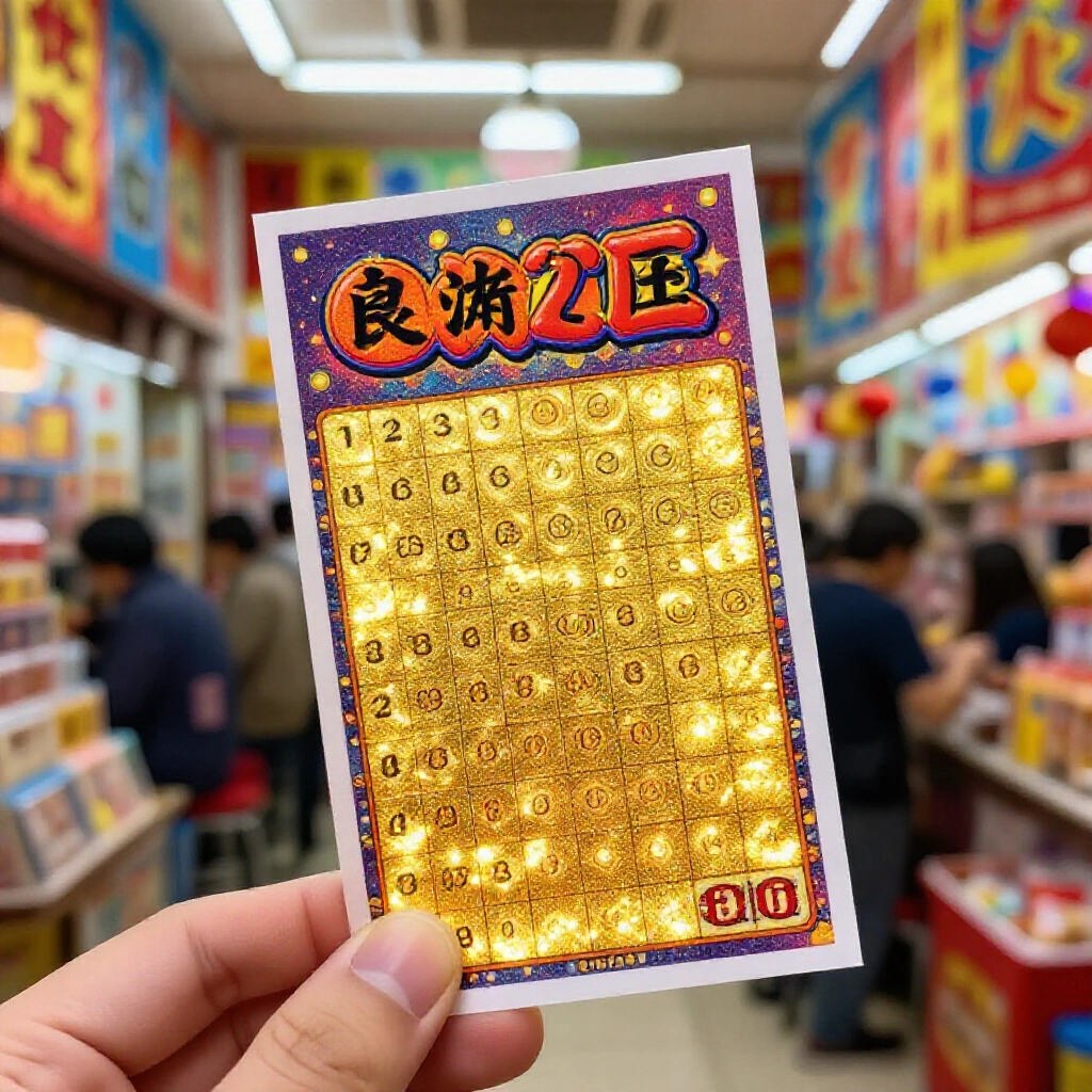 熱鬧台灣投注站內，彩票第二區特別號在金光中閃耀，充滿興奮氛圍與彩旗
