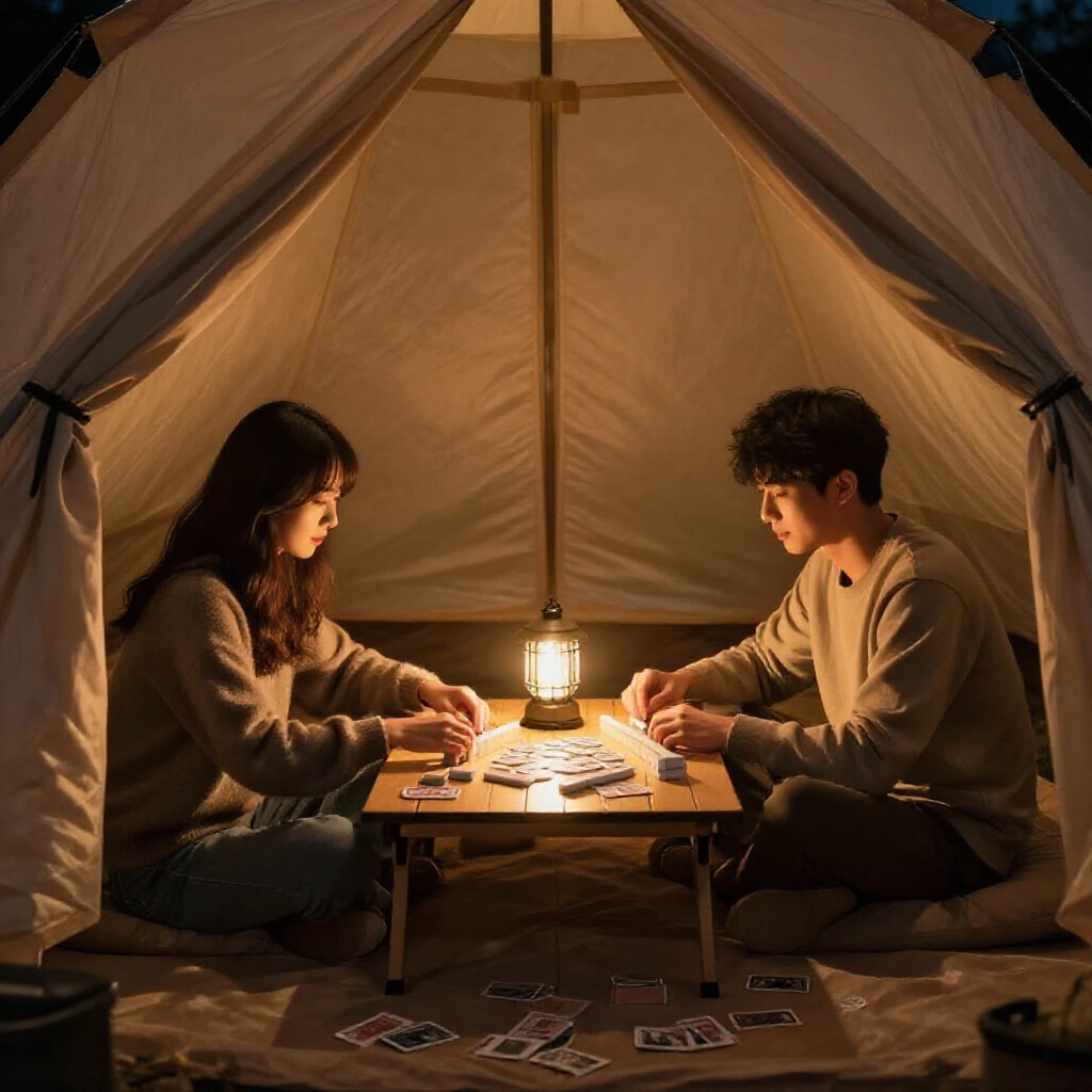 夜晚帳篷內兩好友玩紙麻將，低桌暖燈光，散落牌卡輕鬆露營氛圍