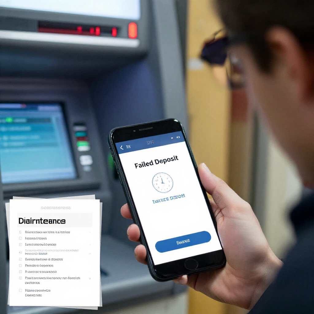 frustrated bettor checking failed deposit notification on phone beside ATM machine with error codes bank maintenance clock showing midnight red warning lights troubleshooting checklist overlay