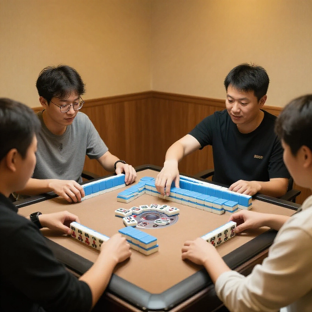 台灣麻將桌，四位玩家專注牌局，一人興奮從牌牆摸出贏牌，保持門清手牌無吃碰，溫暖木質房間柔和燈光，細膩陶瓷麻將牌
