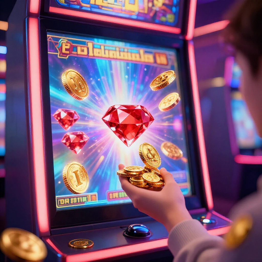 Player character holding I coins and G coins transforming into red diamonds and gold coins inside a vibrant slot machine lobby with glowing effects and arcade lights