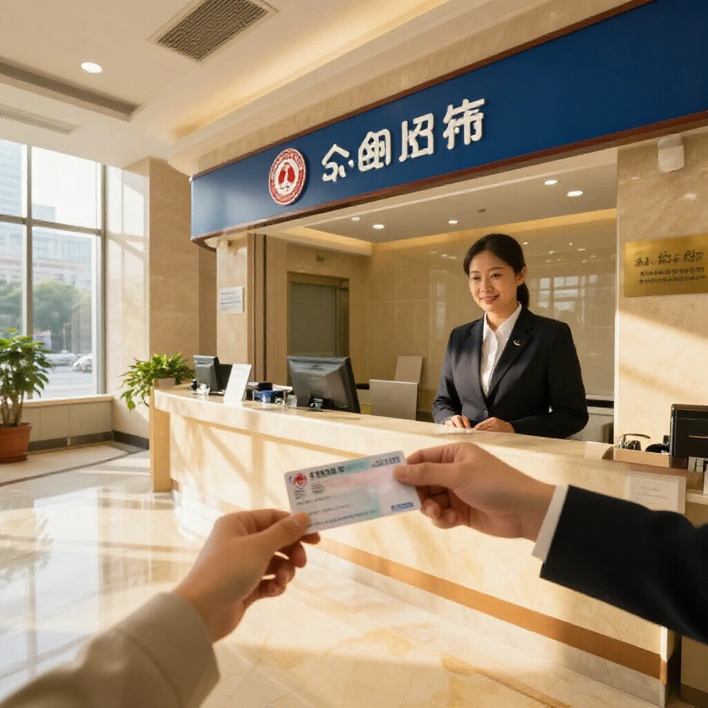 顧客在中信銀行櫃檯遞交身分證與中獎券給專業行員,大理石地板寬敞明亮,金黃夕陽灑入營造安全信賴感