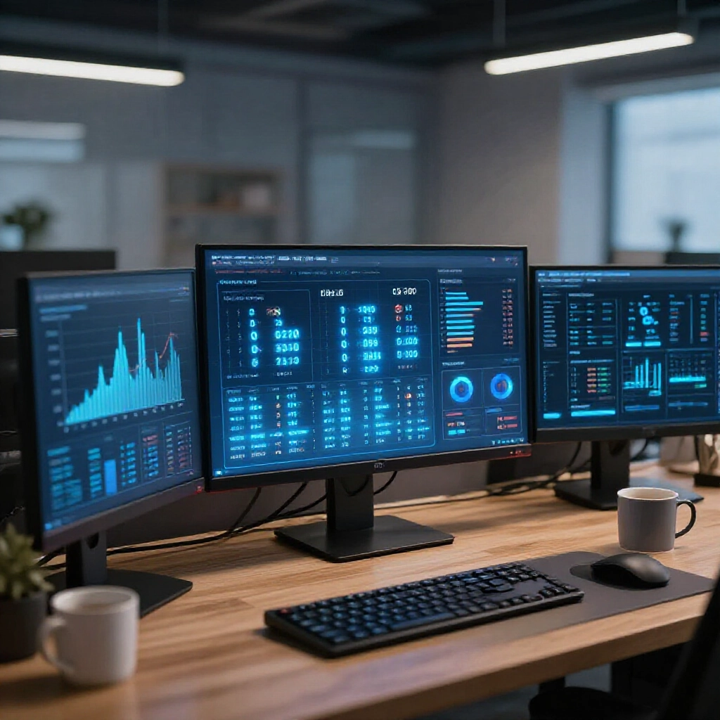 Statistical dashboard illustrating drag card probabilities and tail number frequencies with glowing data visualizations in a high tech office featuring multiple monitors and coffee mugs on wooden desks