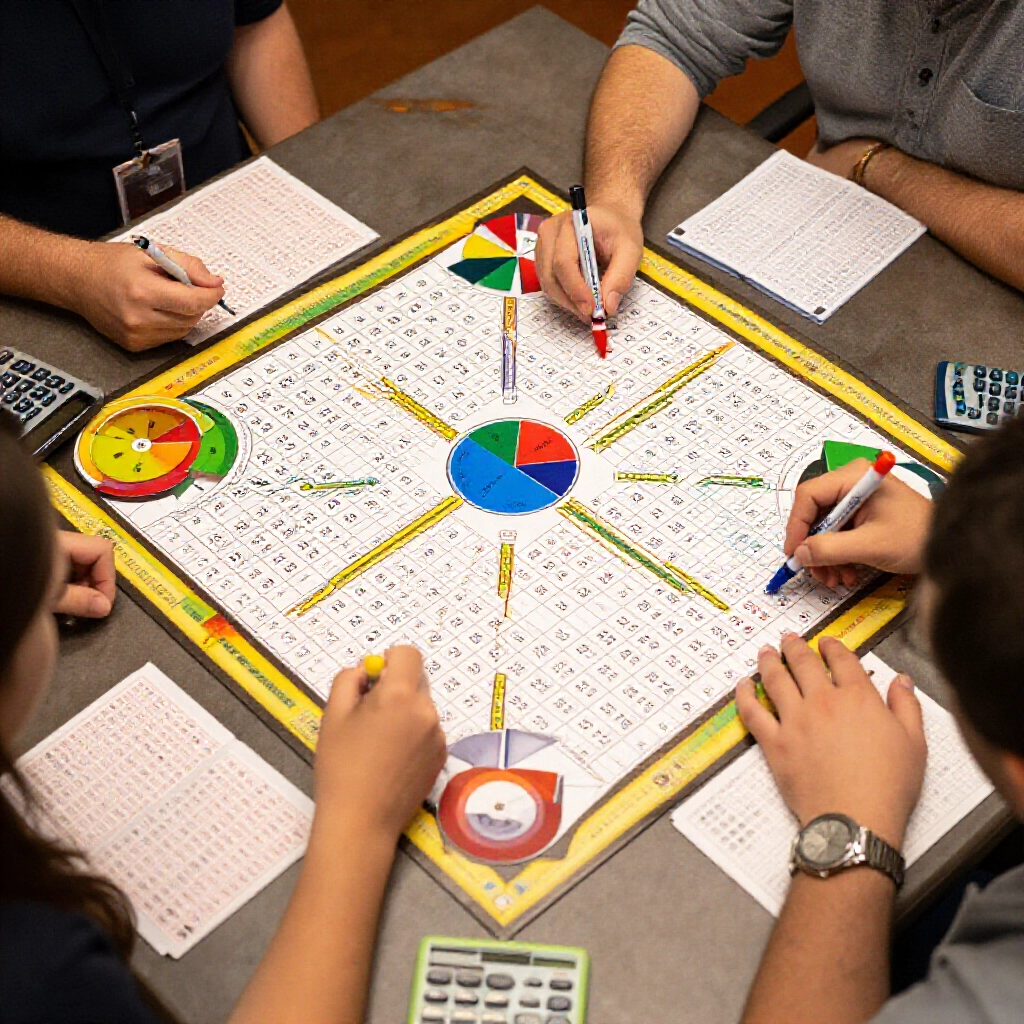策略棋盤上玩家用彩色筆標記熱溫冷彩票號碼，餅圖顯示3熱1溫1冷比例，旁邊有彩票票與計算機