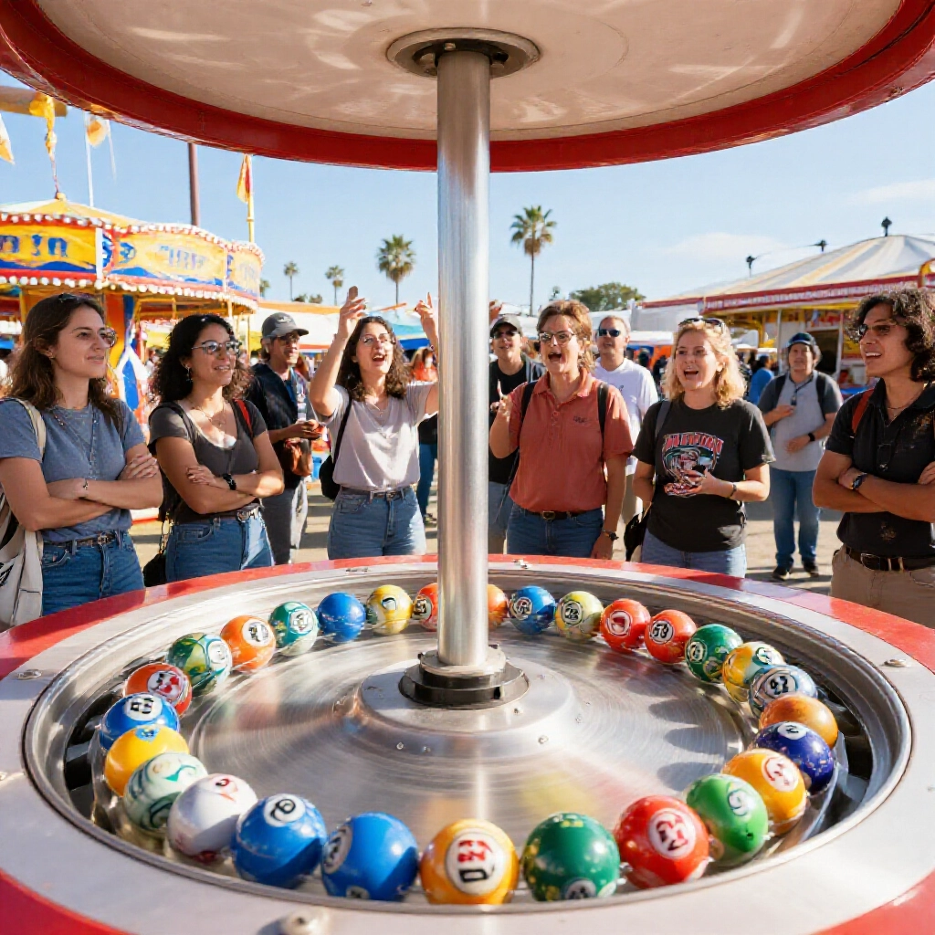 Dynamic lottery machine with colorful numbered balls from one to thirty nine spinning inside a bright american state fair booth under sunny california skies with excited players watching closely