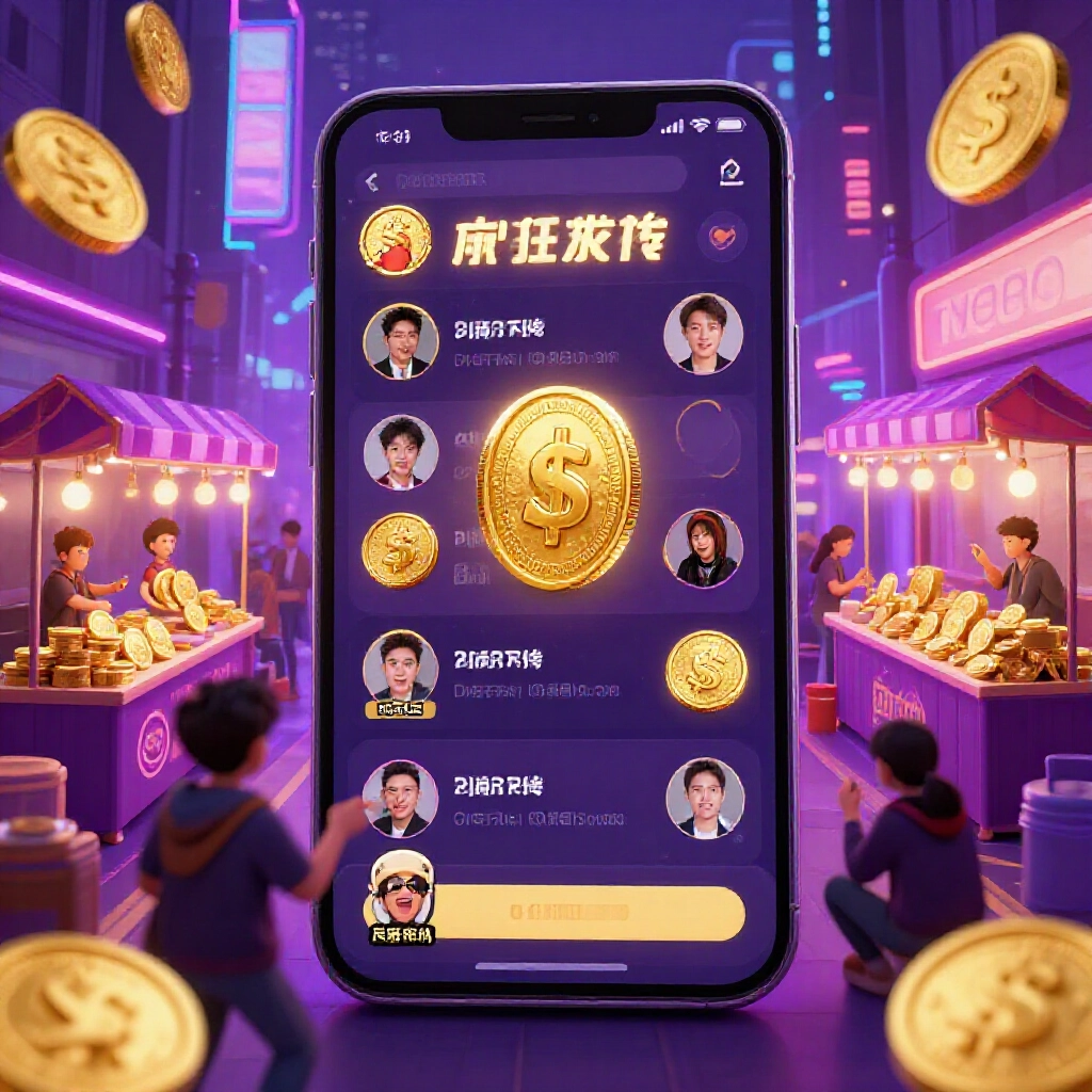 台灣玩家在霓虹燈光下的虛擬市集熱鬧交易金色遊戲幣,充滿攤位跟幣商氛圍