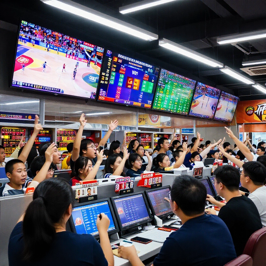 台灣運動彩券櫃檯熱鬧景象，數位螢幕秀出籃球賽事賠率，人群興奮下注充滿活力