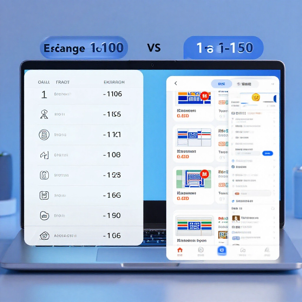 Comparison chart on a laptop showing official 1 to 100 exchange versus coin trader 1 to 150 rates with Taiwanese convenience store icons and online marketplace interfaces under soft blue lighting