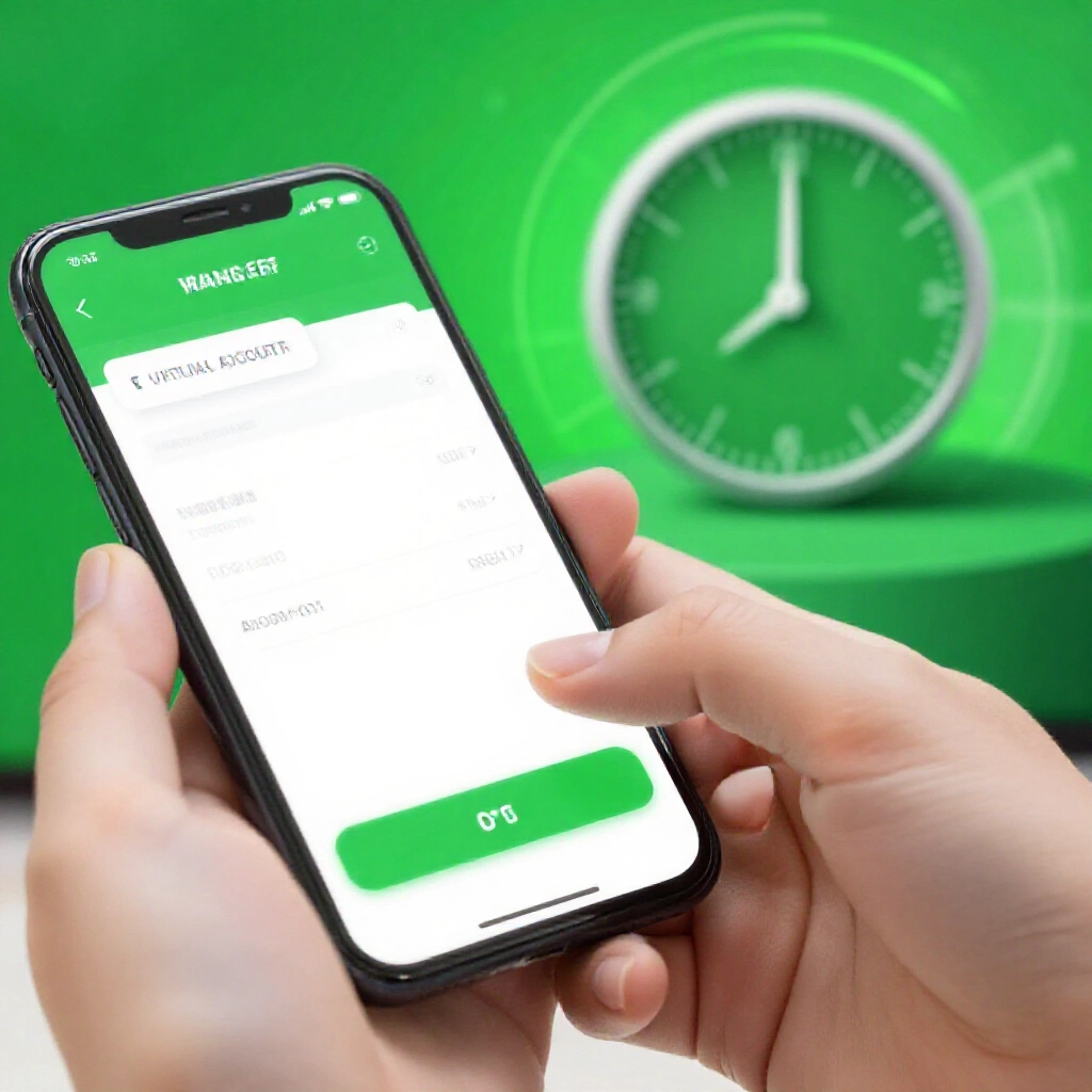 user performing bank transfer on mobile app entering virtual account details amount confirmation button highlighted fast action race clock ticking in background vibrant green success tones