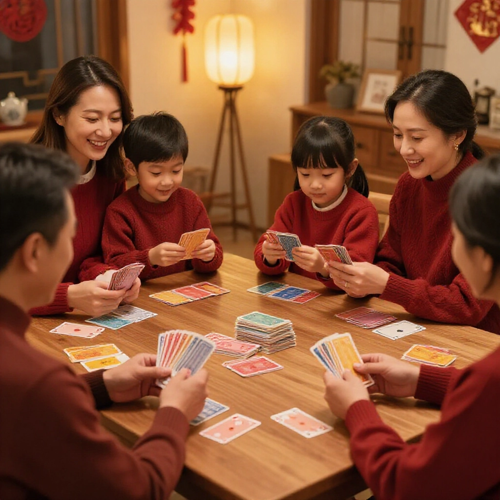 Taiwanese family gathered around a wooden table, dealing thin rectangular four-color cards. Dealer holds 21 cards while others count their 20 each, under warm lantern light with focused expressions in a cozy New Year vibe.