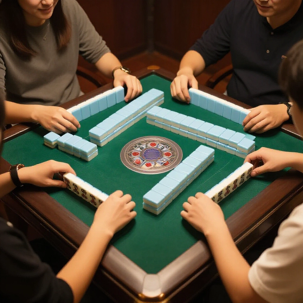 香港風格麻將桌，四位玩家各持十三張牌，營造熱鬧競爭氛圍