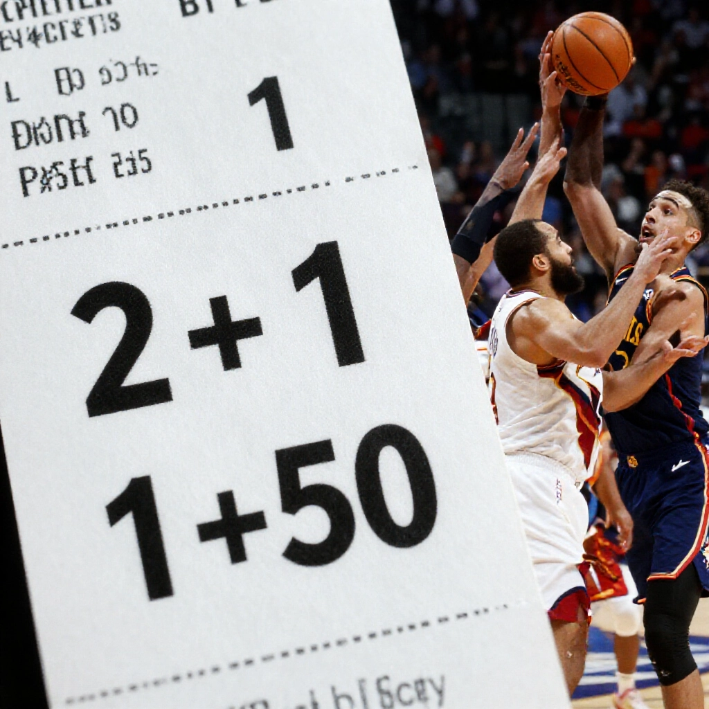 closeup of sports betting slip displaying 2+1 handicap and 1+50 terms next to basketball players committing foul during intense endgame moment