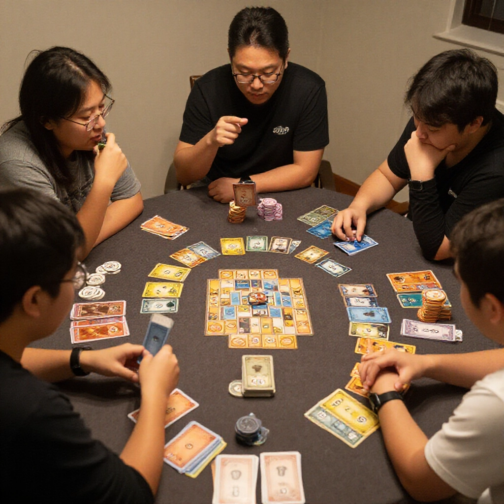 Three groups of players—two, three, or four persons—engaged in four-color card games. Varying discard piles, larger sea bottom stacks for fewer players, strategic arrangements, excited vibes under soft room lighting.