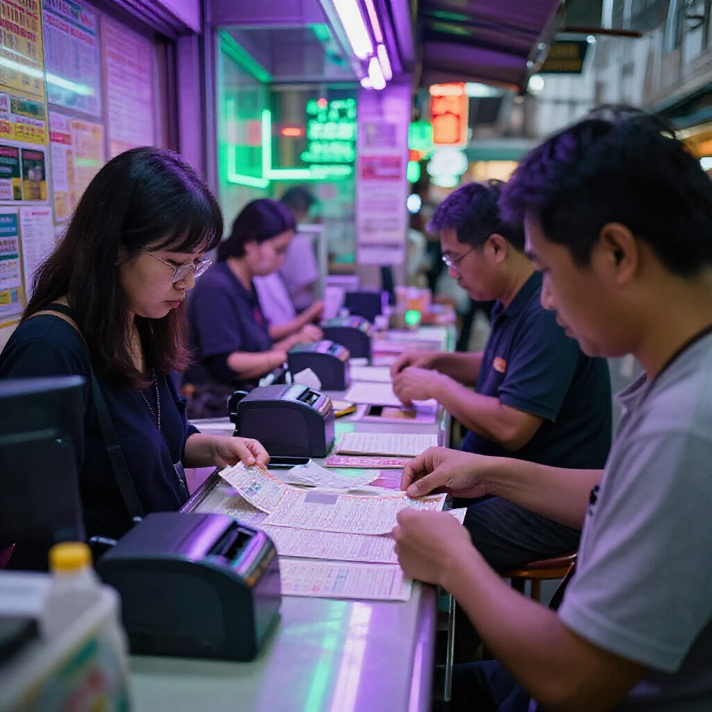 busy taiwanese lottery store counter with betting slips and thermal printers in action under neon signs casting vibrant purple and green hues in evening twilight atmosphere