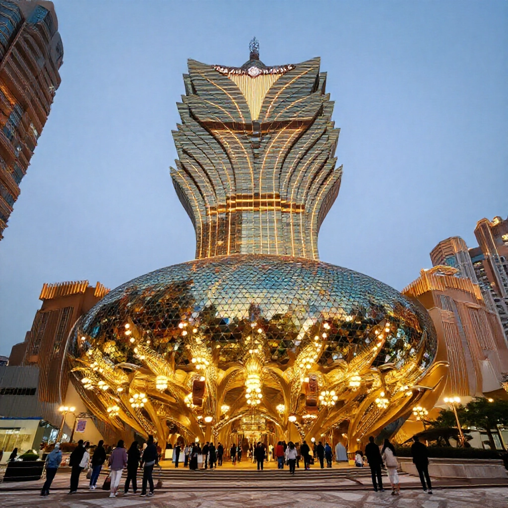 澳門新葡京酒店黃昏時分金色蓮花塔閃耀，華麗大廳吸引優雅人群進入
