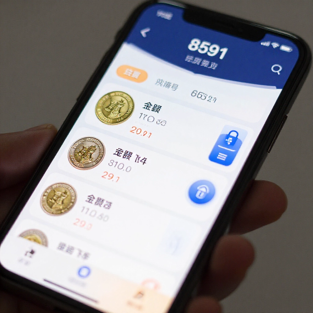 手機螢幕近拍顯示8591平台上金好運遊戲幣交易頁,含匯率、買賣介面跟安全支付圖示