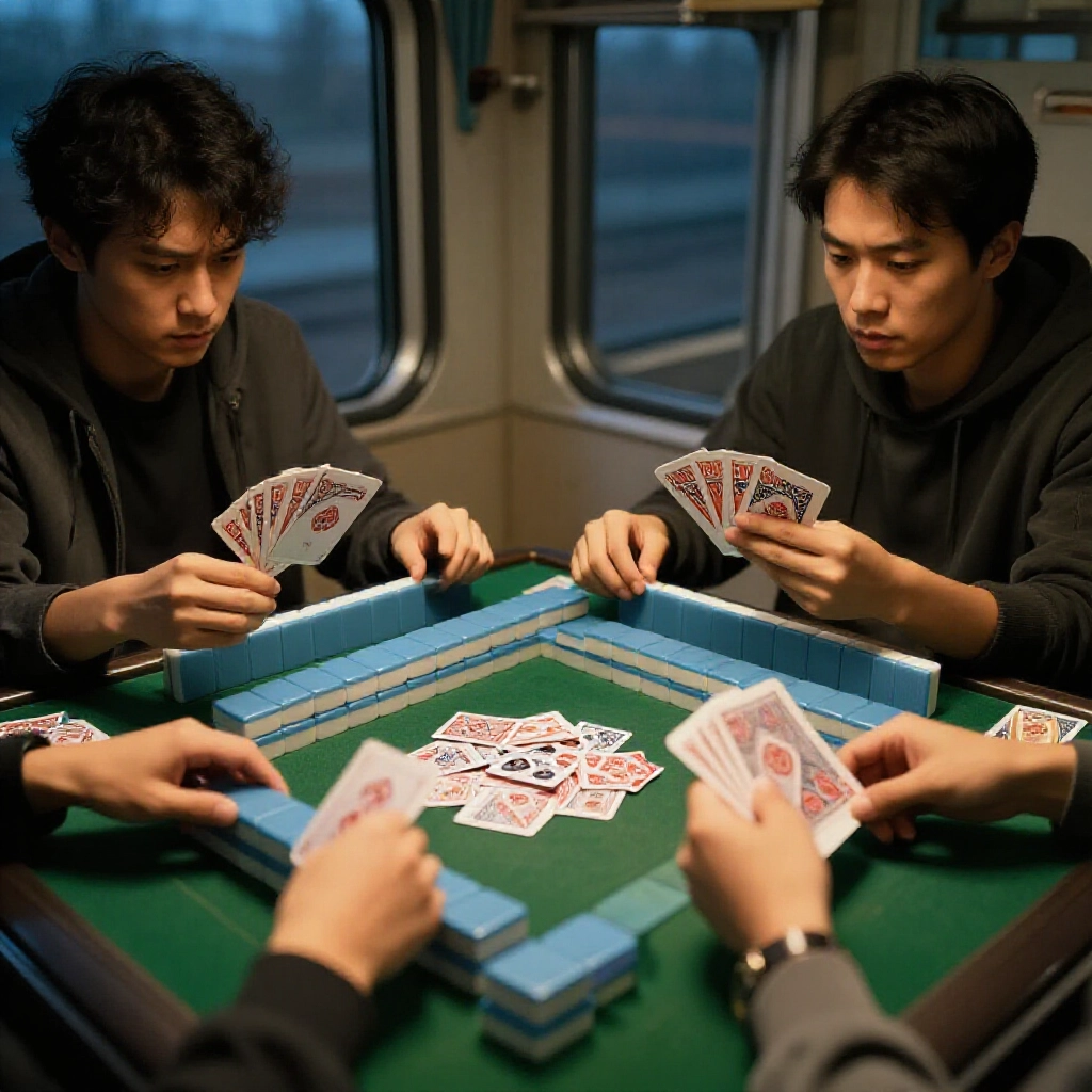 火車包廂內兩旅客專注紙麻將，手持牌扇中央棄牌堆，窗光昏暗表情緊繃