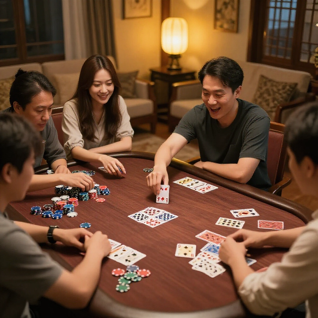 台灣客廳裡四人圍著木桌玩牌，一玩家興奮甩出梅花3開局，桌上撲克籌碼散亂，小花色牌攤開