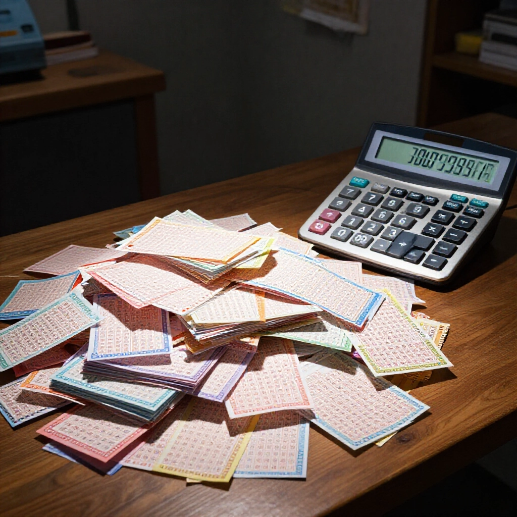 massive piles of colorful lottery tickets stacked on a wooden table beside a large calculator displaying enormous numbers under dramatic spotlight lighting in a dimly lit room