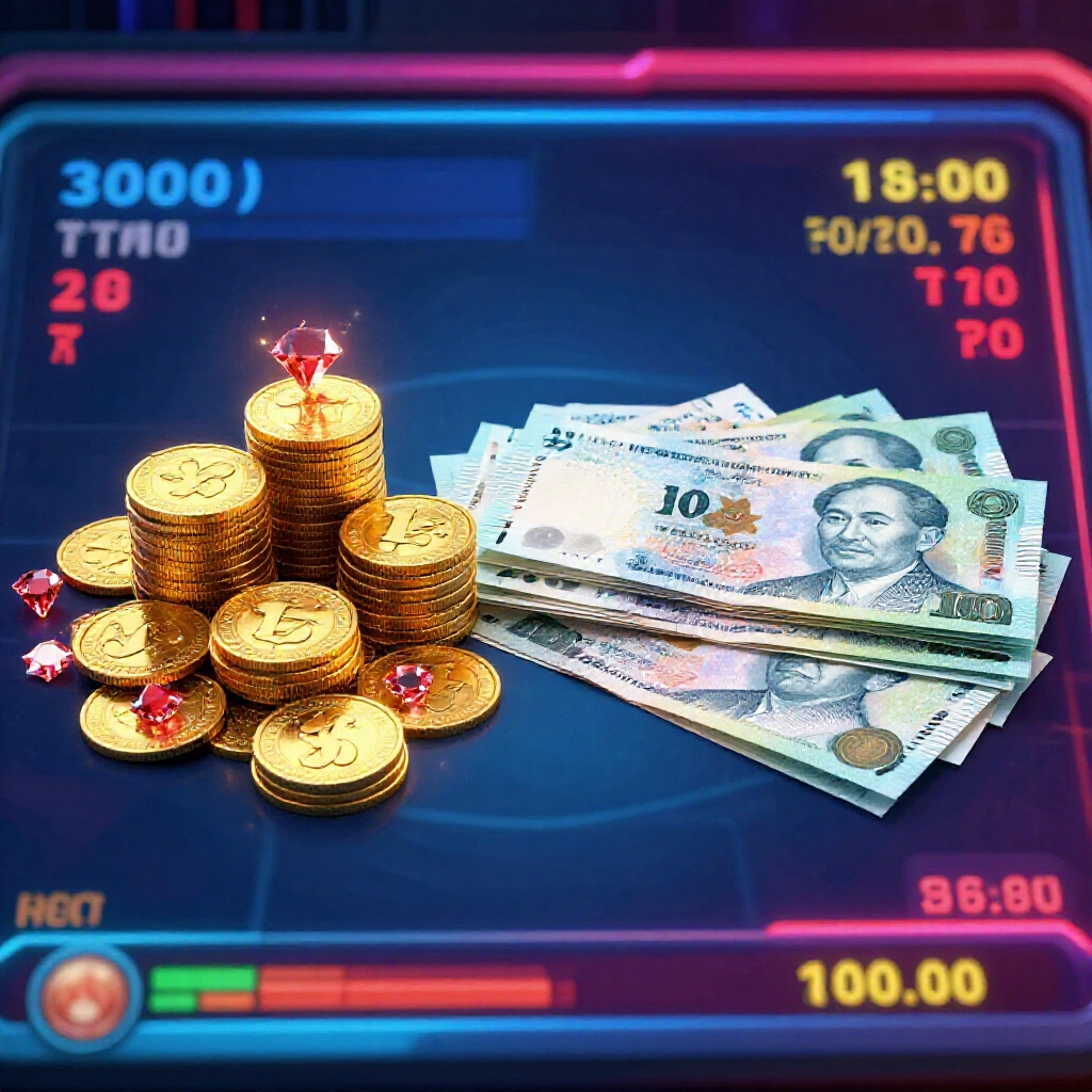 Digital game screen displaying stacks of golden coins and sparkling red diamonds next to Taiwanese dollar bills with exchange ratio indicators in a neon lit virtual casino atmosphere