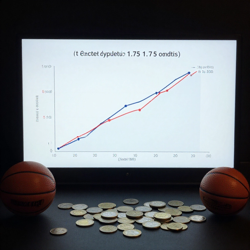 mathematical graph showing expected value calculation for 1.75 odds in betting with basketballs and coins scattered on a dark desk illuminated by screen glow