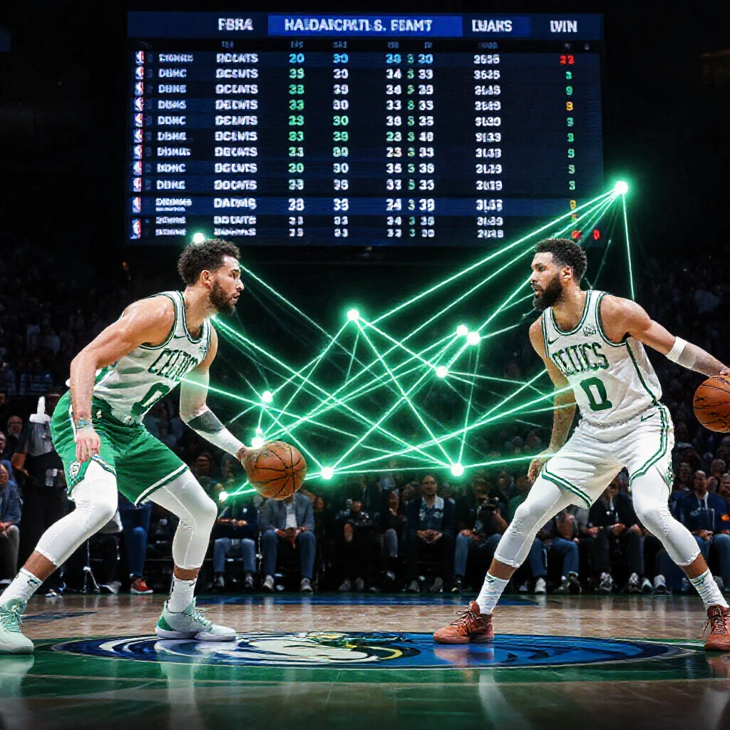 NBA總決賽激烈場面，塞爾提克對獨行俠球員動作連結讓分勝與得分大分，背景計分板戲劇燈光展現風險