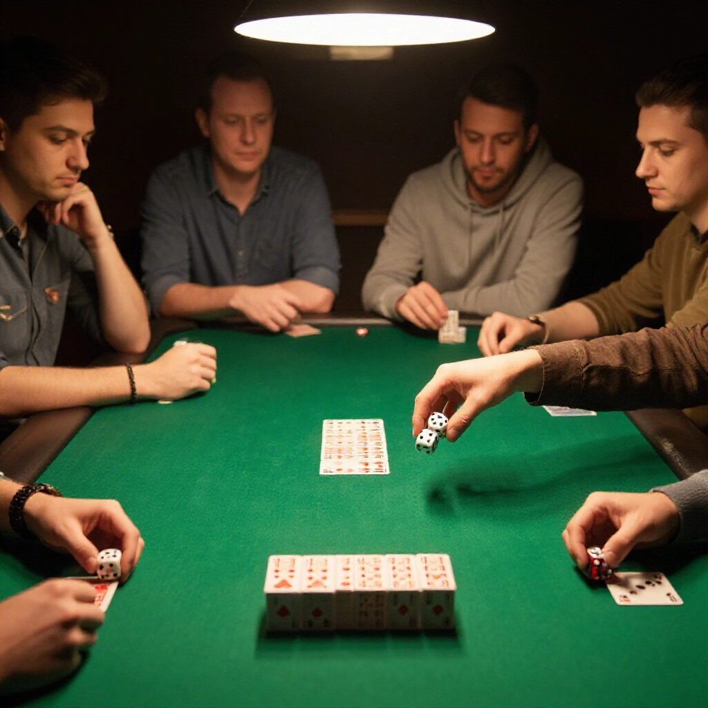 Four players around green felt table with dealer shaking dice for cutting cards stacks of 32 tile deck in foreground tense gaming atmosphere warm lamp illumination
