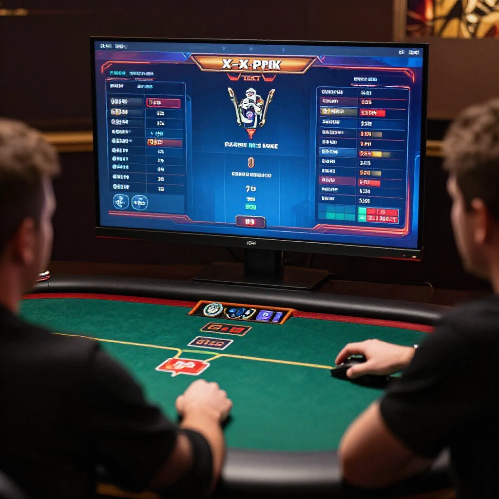 專業撲克玩家坐在桌前，大螢幕跑X-Poker模擬器，多桌開啟滑鼠對準下注，昏暗房間專注遊戲氛圍