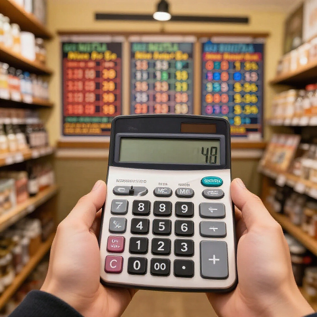 hand holding calculator multiplying odds from three sports matches showing payout matrix for two three and full hits in cozy betting shop atmosphere