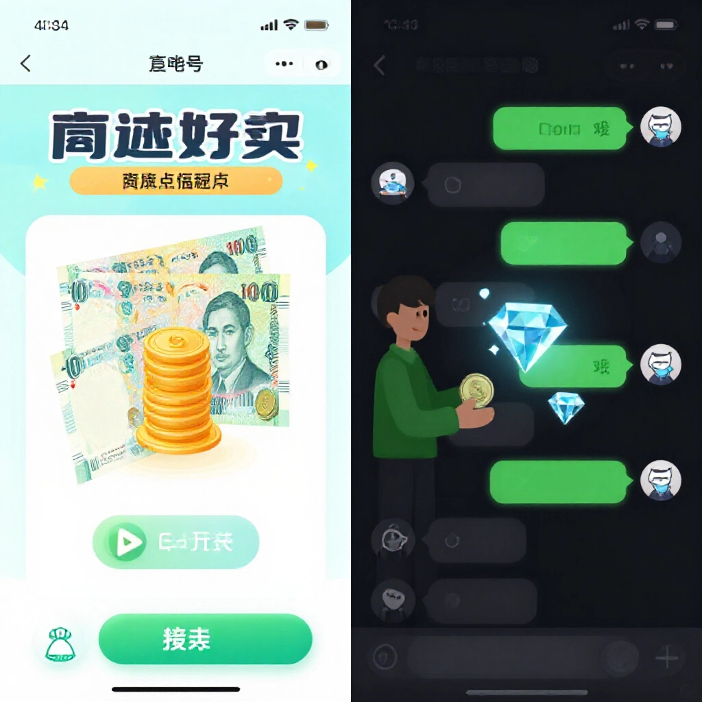 左邊明亮官方儲值頁面台幣轉點數,右邊陰影LINE聊天玩家跟幣商換紅鑽現金,對比明顯