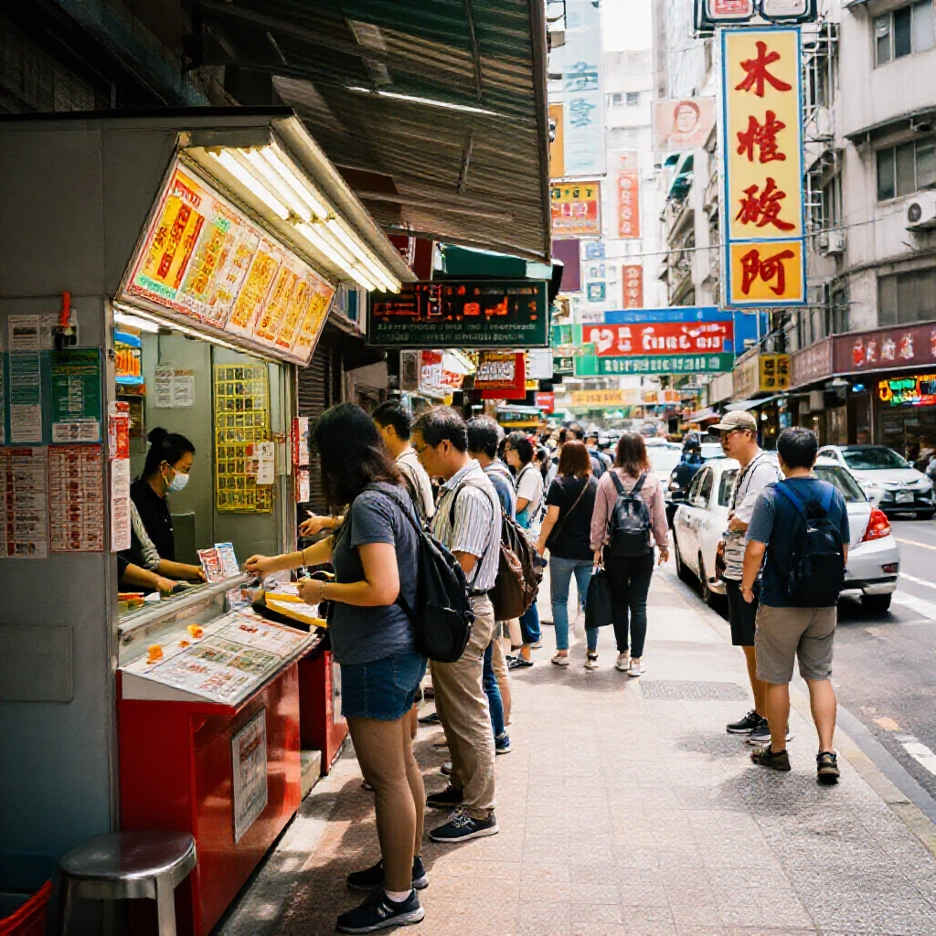 台灣街頭忙碌景象，運彩投注站霓虹燈亮起，人們排隊買票，充滿活力都市氛圍，日光穿過建築灑落