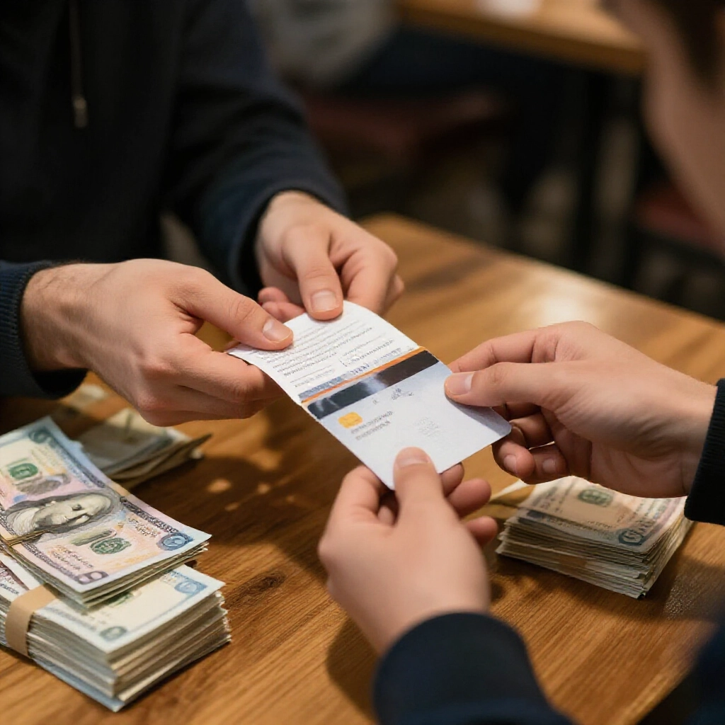 A person nervously handing a bank passbook debit card and password note to a mysterious stranger in a dimly lit cafe with stacks of cash on the table creating a tense fraudulent transaction atmosphere