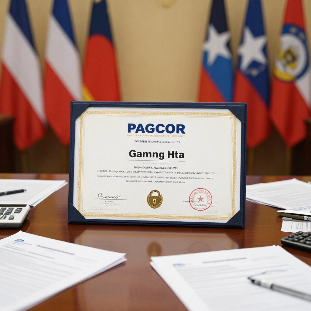 PAGCOR遊戲機構專業證書置於木桌，環繞審計報告、國際旗幟與安全鎖圖示，沐浴專業燈光