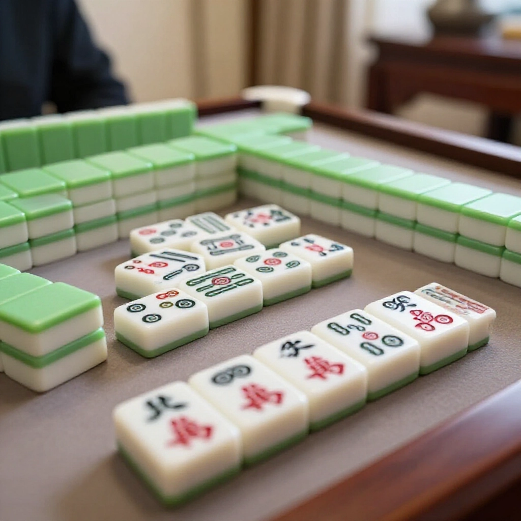 麻將牌近拍，玩家整理牌除去一到九萬，只留筒子條子字牌花牌，台灣客廳溫馨光線細膩質感