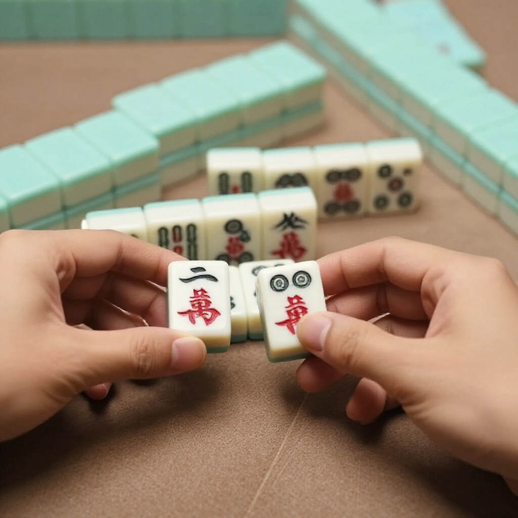 close up of hands sorting mahjong tiles removing two through eight wan cards keeping one and nine wan organized wall formation empty seat for fourth player soft warm lighting detailed tile textures