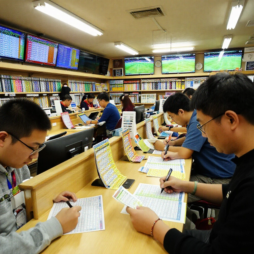 台灣運彩投注站內熱鬧氛圍，顧客專注挑選賽事單，電視播直播賽事