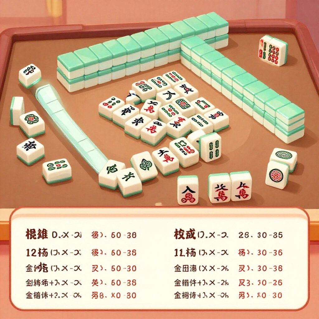 Illustrative comparison of 16 tile Taiwanese mahjong hand versus other styles showing scoring formula bottom plus tai multipliers colorful tiles arranged in winning patterns