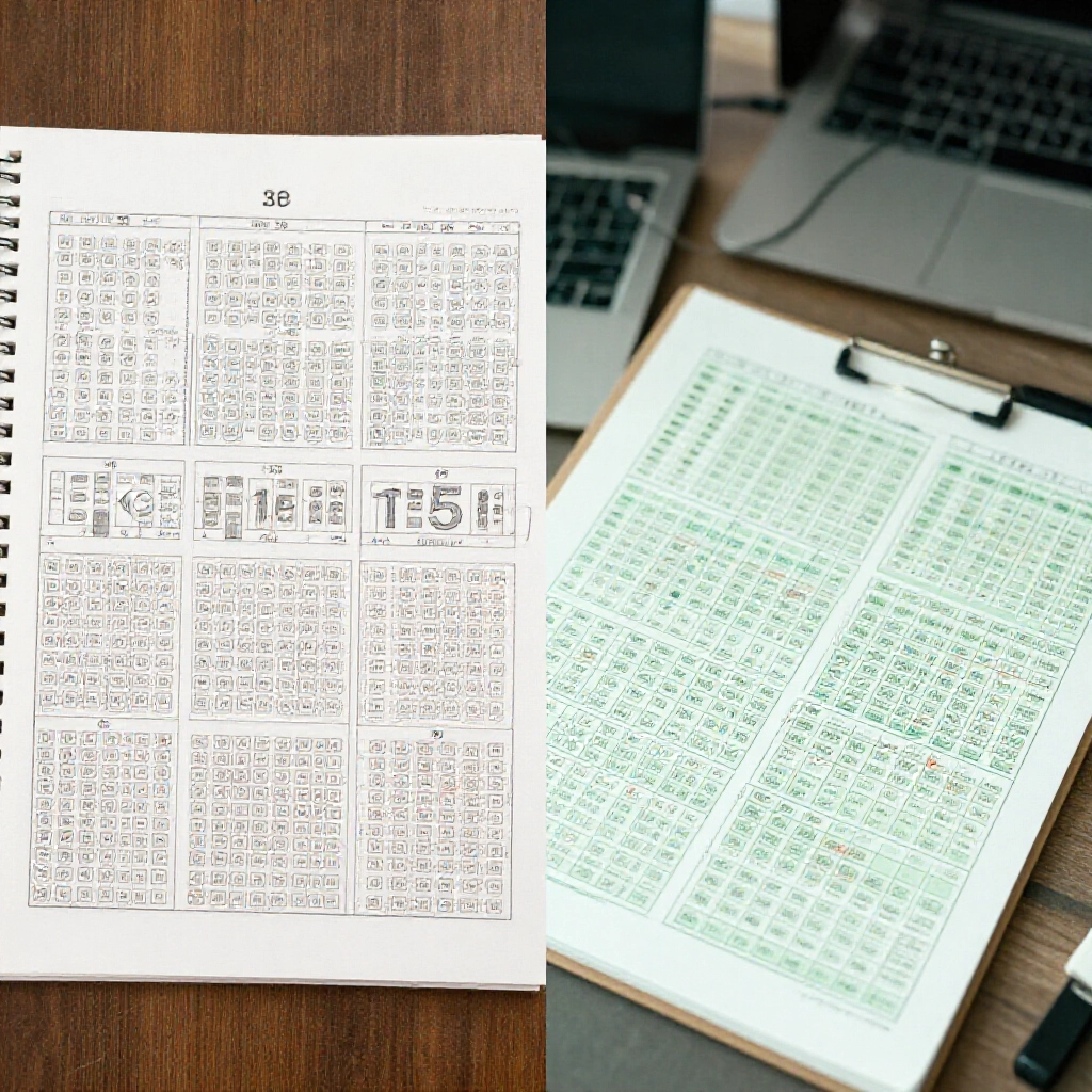 split view contrasting traditional paper lottery charts with handwritten notes against AI algorithm visualizations and data graphs on a professional office desk