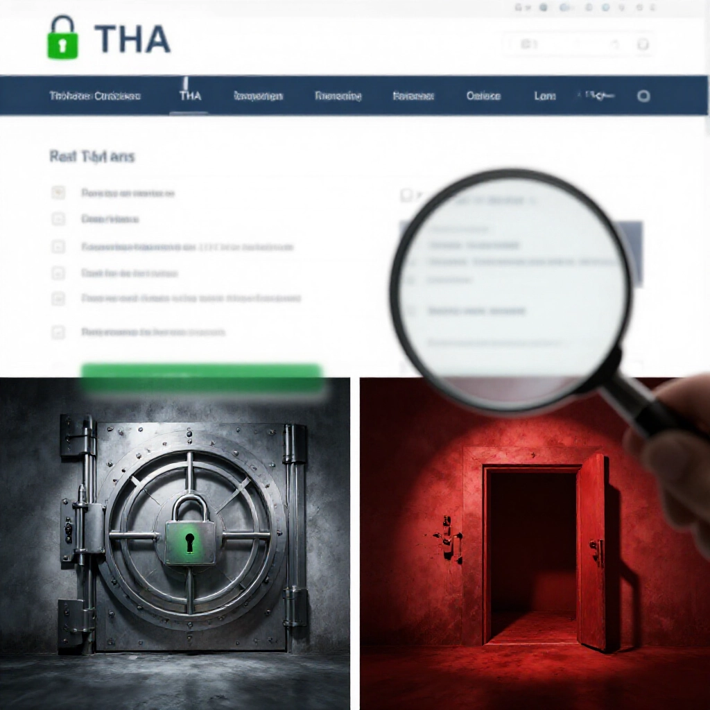 偵探風格對比：真THA登入頁綠色HTTPS鎖頭 vs 假釣魚站模糊圖片與斷鏈