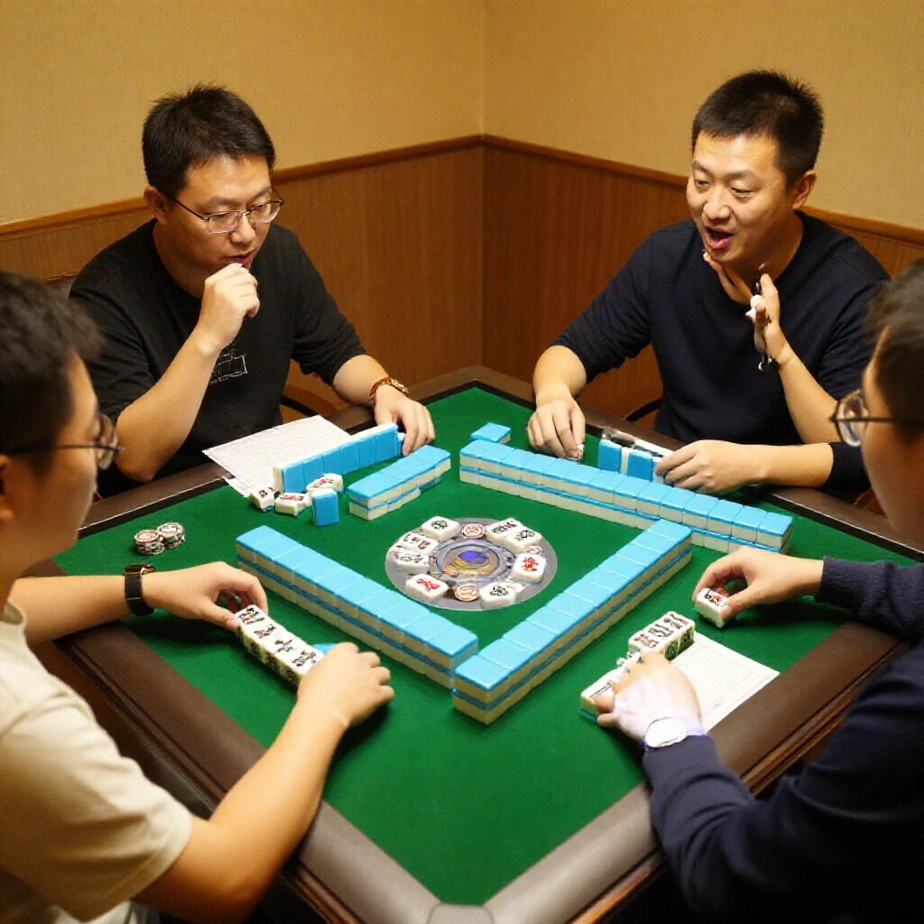 Taiwanese mahjong table scene with four players around green felt surface stacked tiles chips and score sheets warm ambient lighting excited expressions calculating points