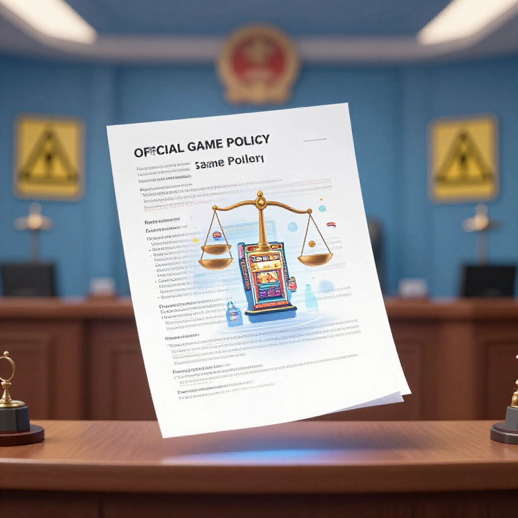 official game policy document floating over casino slot machine icons transforming into legal scales and warning signs in a balanced courtroom atmosphere with soft blue lighting