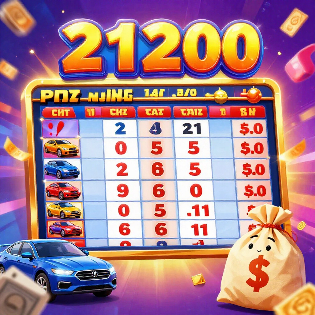 中獎票顯示21200獎金，對照1車0.5車0.1車回報，玩家拿錢袋開心，慶祝色調亮眼，賭場背景活力十足