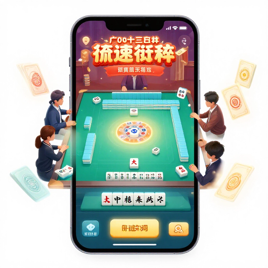手機上線上麻將平台顯示廣東風格13張遊戲，快速節奏心理戰，玩家防高番手牌，數位牌漂浮在虛擬競技室
